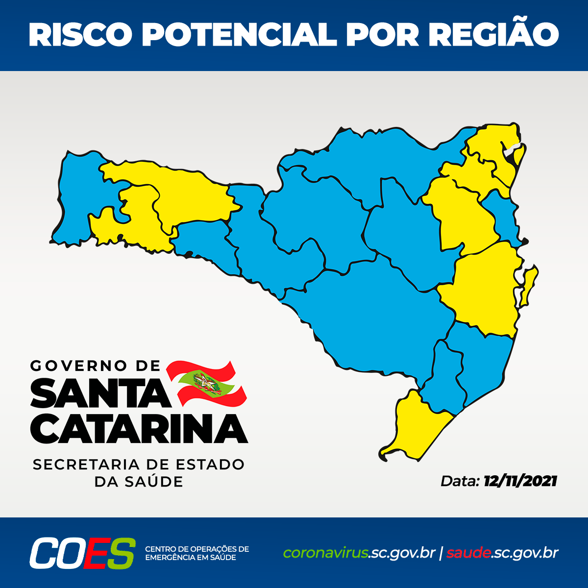 Matriz com mapa de Santa Catarina com regiões em amarelo e azul.