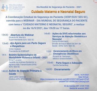Card digital de divulgação do webinar Dia Mundial de Segurança do Paciente 2021, com o tema Cuidado Materno e Neonatal Seguro. O evento ocorre em 16/9/2021, das 13h30 às 17h, e apresenta programação detalhada com horários, nomes dos palestrantes e temas das palestras, além de informações de acesso à sala virtual e senha. O fundo é azul claro com logotipo do Dia Mundial de Segurança do Paciente no canto superior esquerdo.