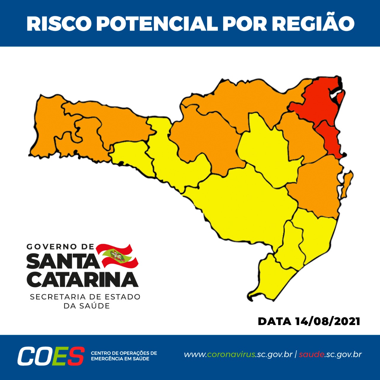 Matriz com mapa de Santa Catarina com regiões em laranja, amarelo e vermelho.