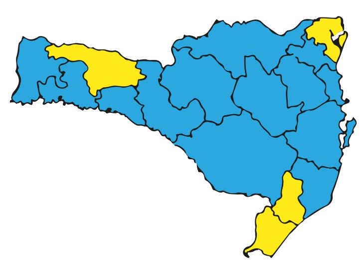 Matriz com mapa de Santa Catarina com regiões em amarelo e azul.