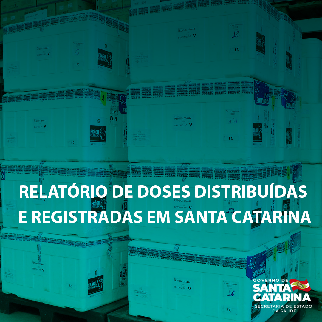 Banner com caixas brancas empilhadas. Em primeiro plano tem o texto 'relatório de doses distribuídas e registradas em Santa Catarina'